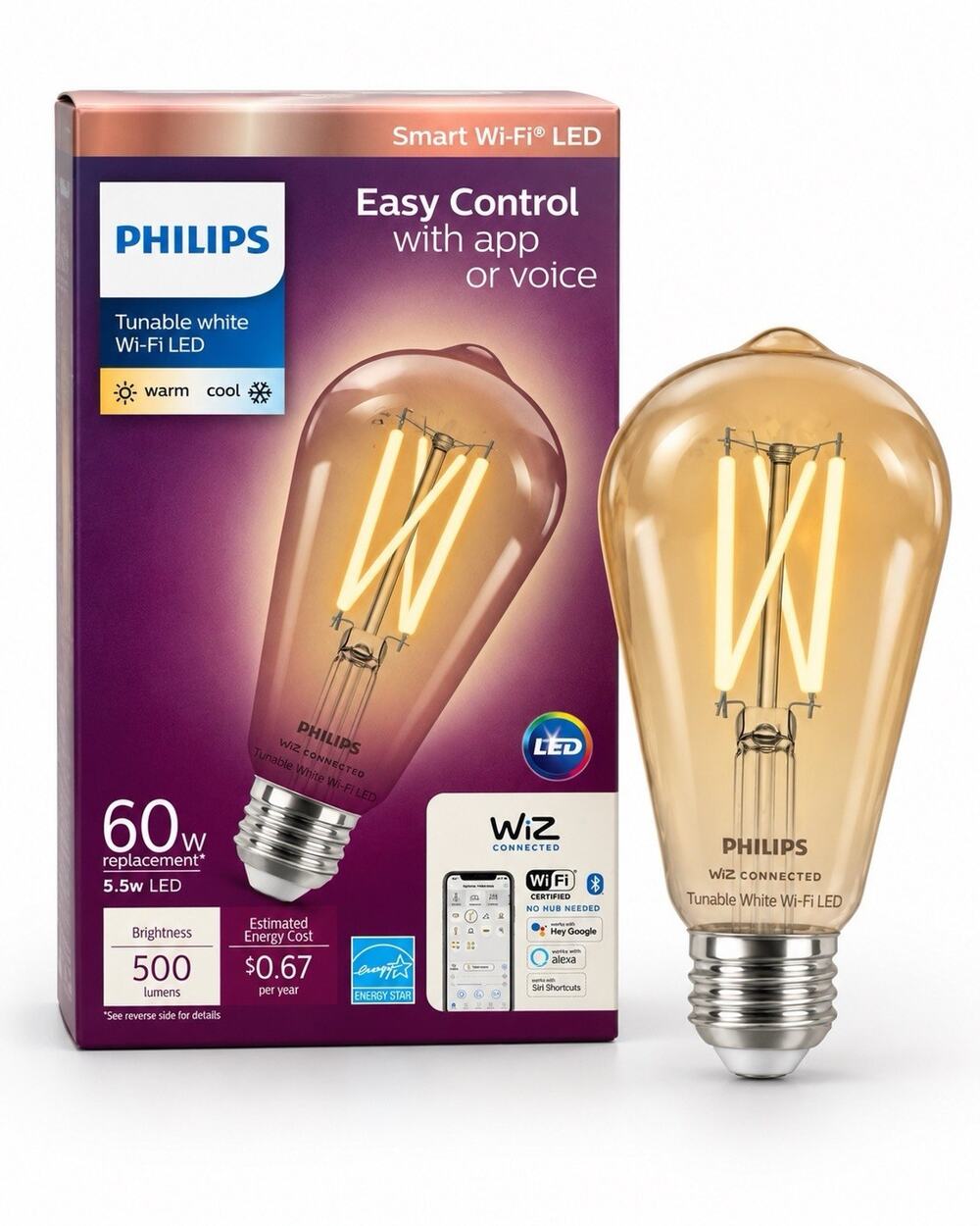Philips Wi-Fi Connected LED 60-Watt ST19 Filament Tubular Light Bulb Clear